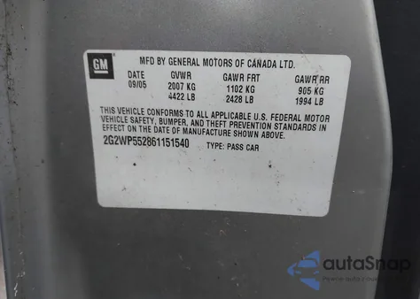 2006 Pontiac Grand Prix z USA, uszkodzony, nr VIN 2G2WP552861151540